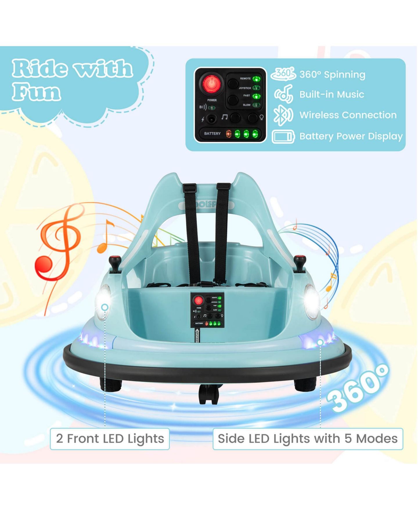 Детская игрушка Costway 12V Electric Ride On Bumper Car with Remote Control & LED Lights, 66 lbs Capacity, Ages 3+, цвет: Синий — фото 6
