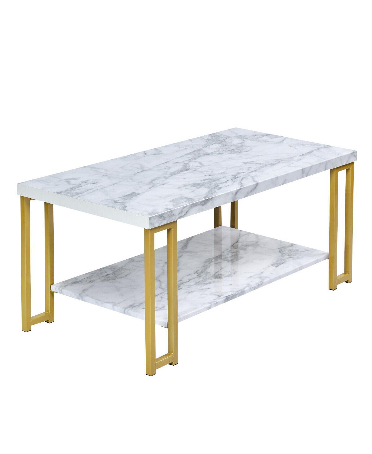 Gymax Modern Coffee Table Faux Marble Top Accent Cocktail Table w/ Gold Metal Frame - White+gold