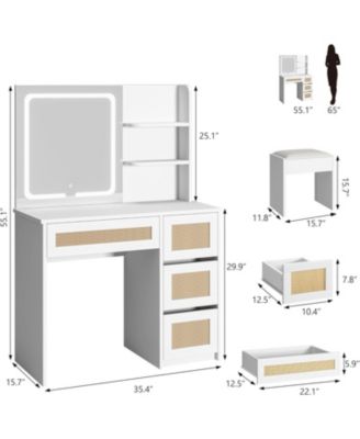 Rattan Makeup Vanity Desk with Charging Station, Vanity Desk with Mirror, 3 Lighting Modes LED Light