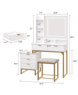 Makeup Vanity Desk with Mirror and Lights, Vanity Table with 5 Drawers, Vanity Set with Stool