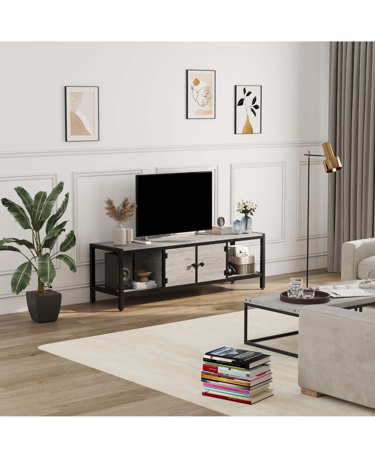 gaomon Tv Stand with Storage,TV Entertainment Center Up to TV,Wooden Tv Stand for Living Room, Bedroom- Grey