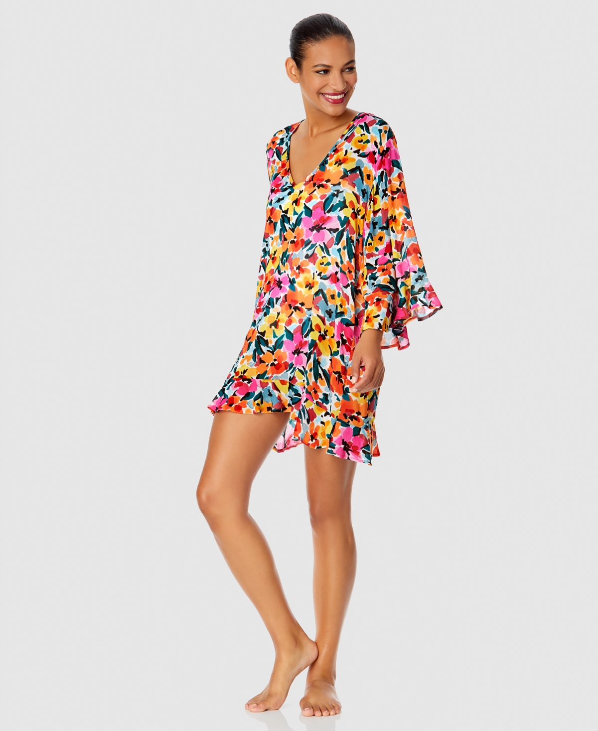 Anne Cole Gradient Floral Flounce V Neck Tunic Swimsuit Cover Up In Multi