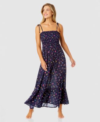Anne Cole - Women's Floral-Print Smocked Maxi Dress Swim Cover-Up
