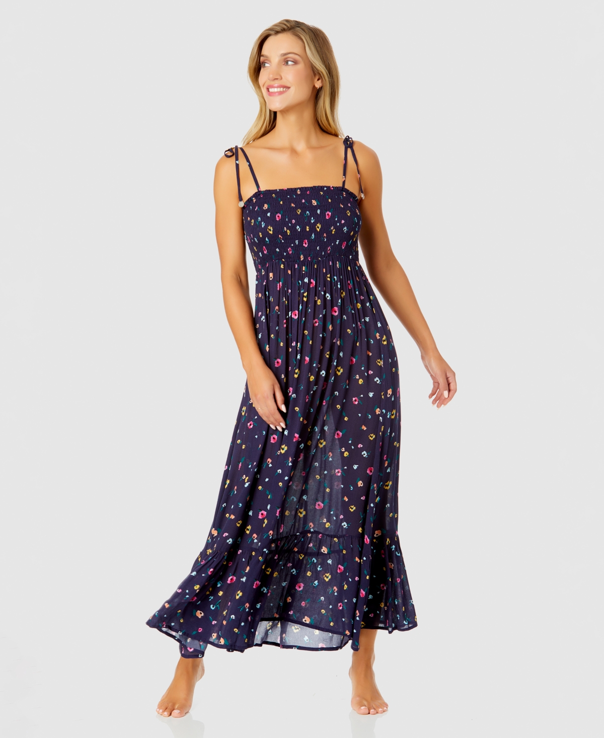 Women's Floral-Print Smocked Maxi Dress Swim Cover-Up - Multi