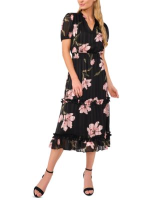 CeCe - Women's Floral-Print Smocked-Waist Midi Dress