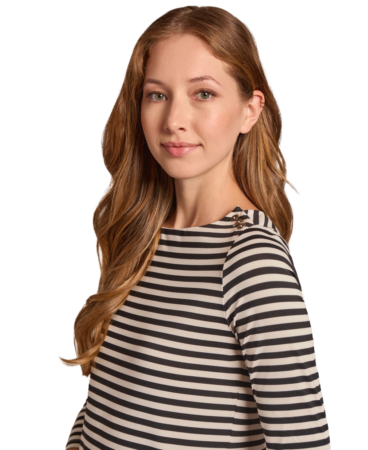 Shop Jones New York Petite Striped Button-shoulder Top In Dark Brown