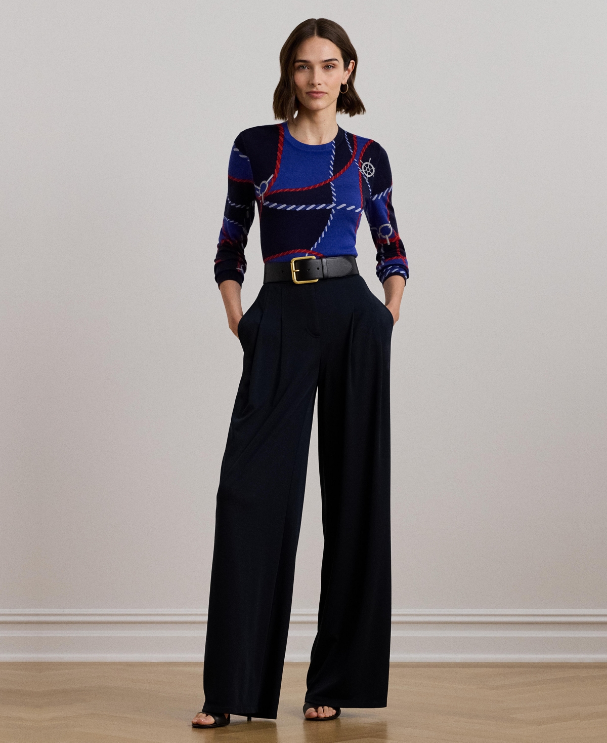 Shop Ralph Lauren Women's Rope-print Cotton-blend Sweater In Blue Multi