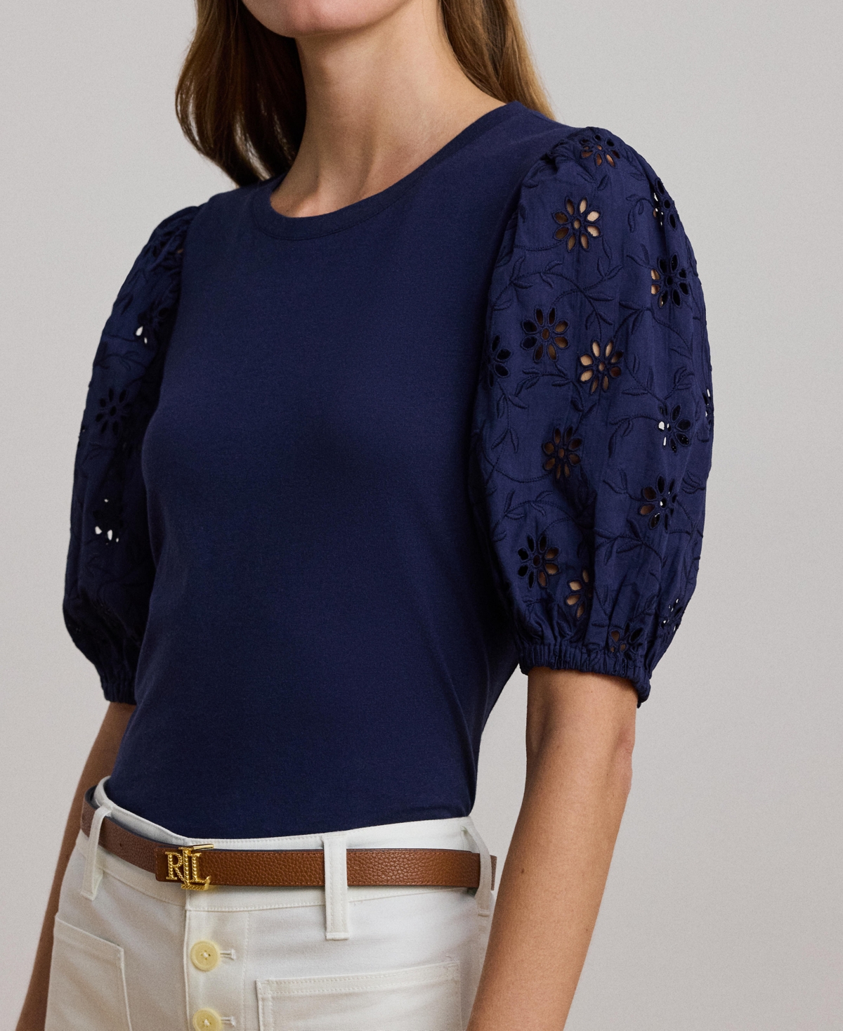Lauren Ralph Lauren Women's Eyelet Jersey Puff-Sleeve Tee