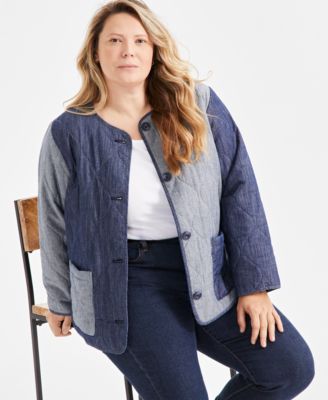 Style & Co - Plus Size Quilted Colorblocked Cotton Chambray Jacket