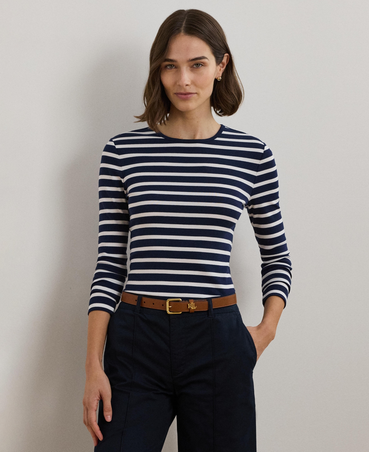 Lauren Ralph Lauren Women's Striped Stretch Cotton Long-Sleeve Tee -White