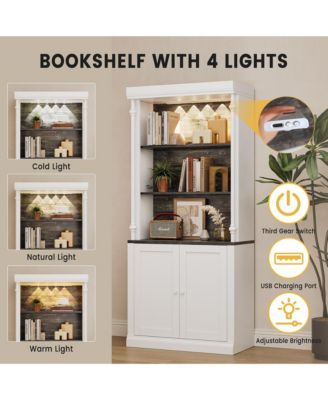 3-Tier Open Shelves and Double Door, Roman Column Design and 4 Adjustable Lights Tall Storage Bookcase