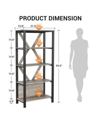 5 Tier Bookshelf with LED Lights, Bookcase with Open Display Shelves, Wood and Metal Standing Bookshelf