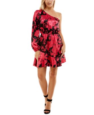 Crystal Doll - Juniors' One-Shoulder Floral Jacquard Dress