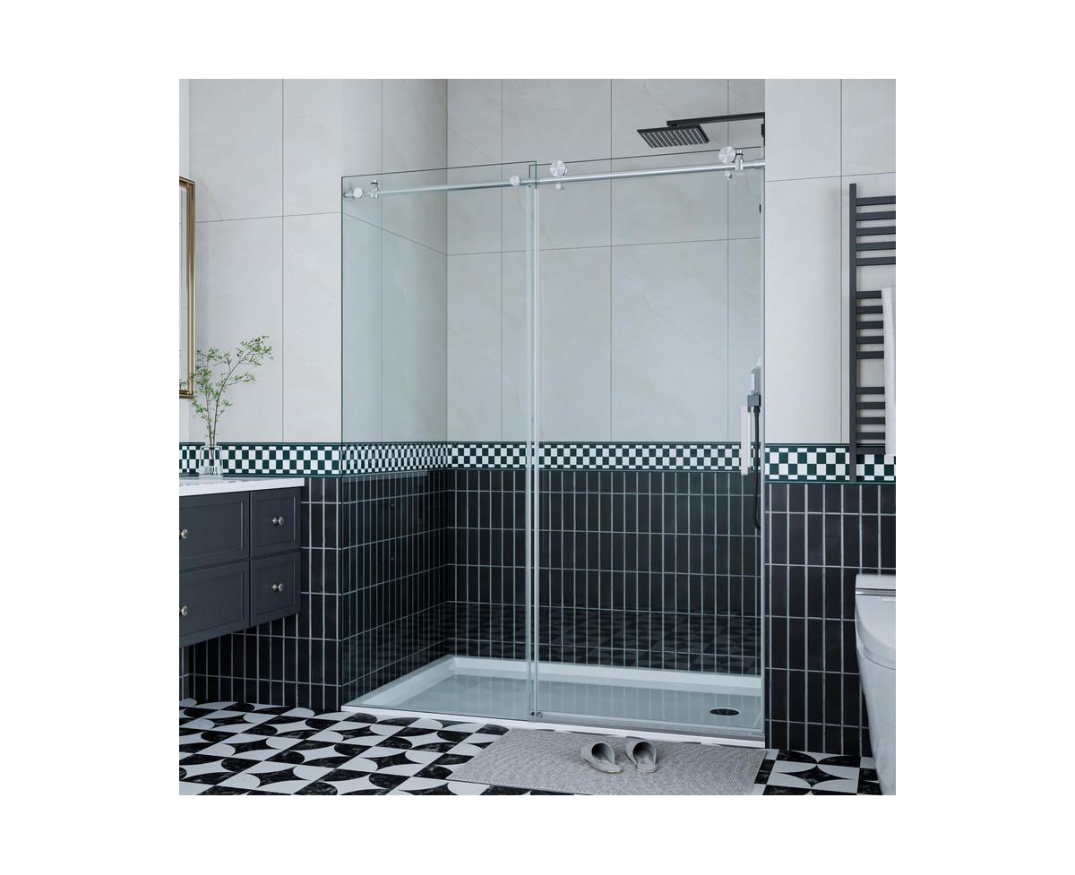 Shower Door, 56-60" W &#xD7; 76" H Frameless Sliding Shower Door,Waterproof Glass Shower Door with Stainless Steel Handle and Seal Strip, 5/16"