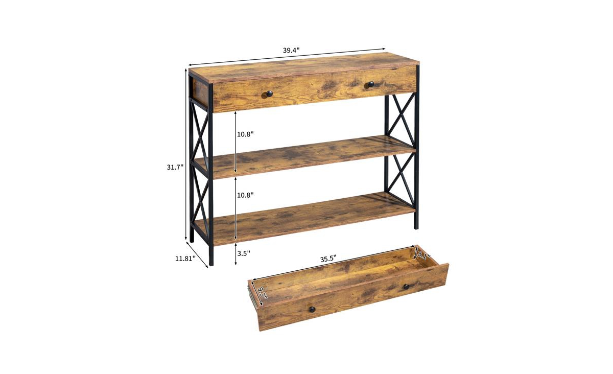 Slickblue 3-Tier Console Table for Entryway with Drawer and 2 Open Storage Shelves, Industrial Sofa Table with Sturdy X Design for Living Room