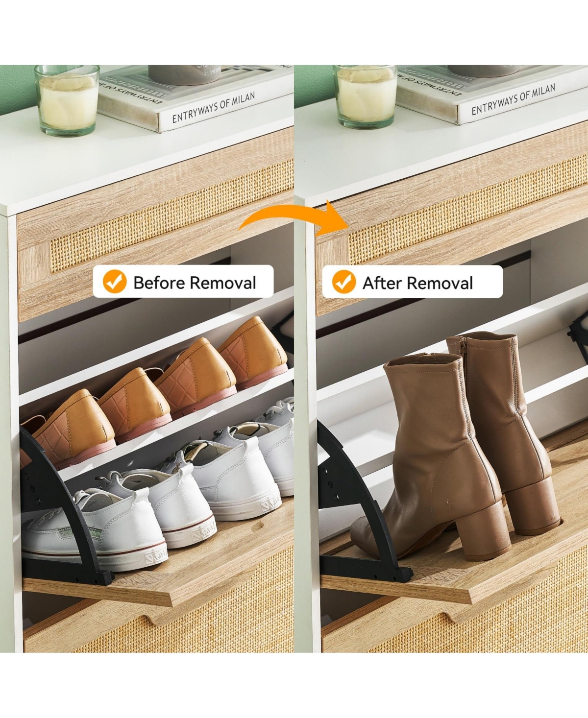 gaomon Natural Rattan 2 Flip Door with 1 Drawer Shoe Cabinet Organizer Freestanding, Modern Shoe Rack Storage Organizer with 3-Tier Adjustable Shelves