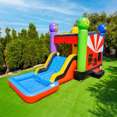 HeroKiddo Ninja Warrior Commercial Grade Bounce House Water Slide Combo with Splash Pool for Kids and Adults (with Blower), Wet Dry Use, Basketball Hoop, Outdoor Indoor, Birthday Party Rental