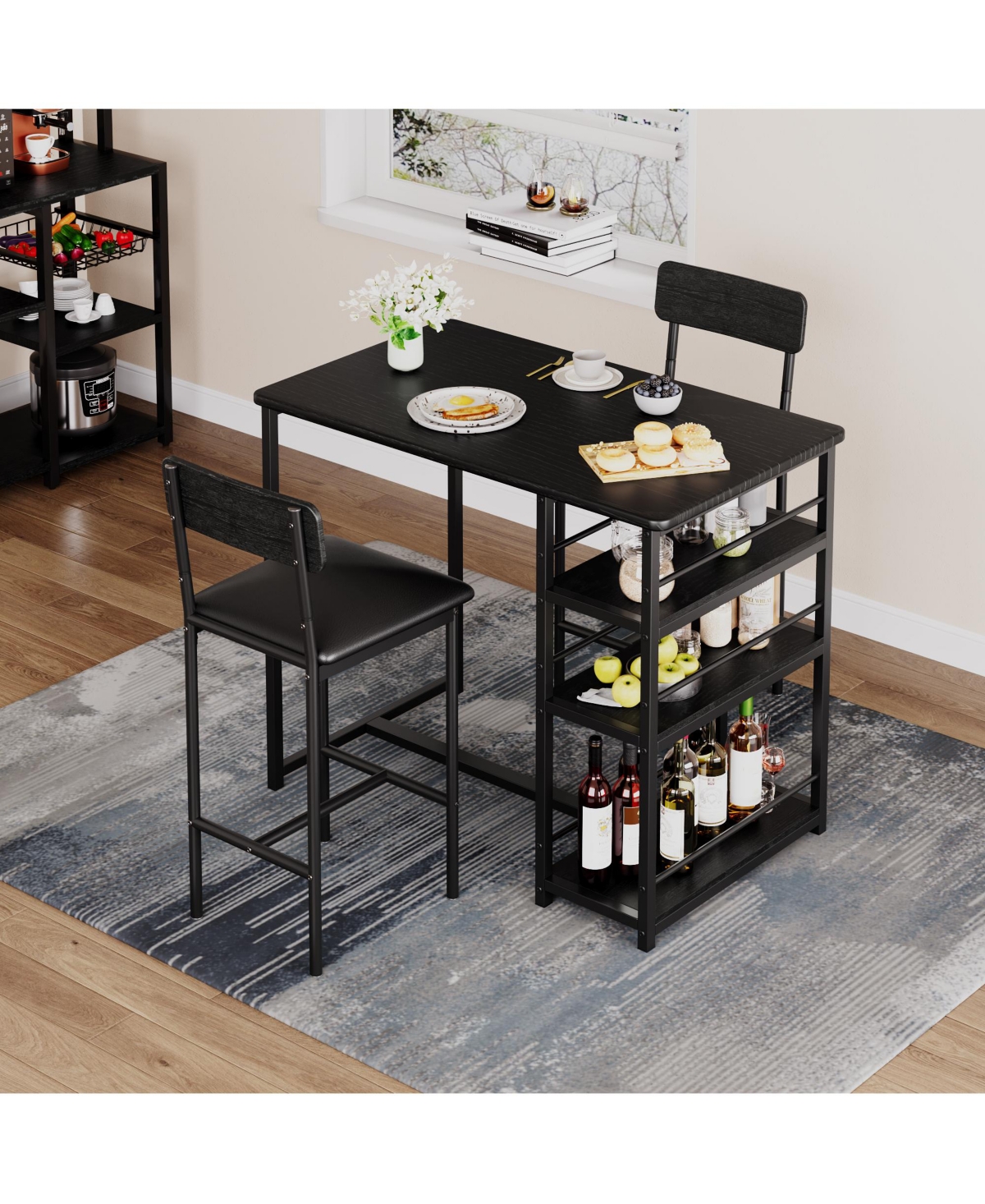 gaomon Dining Table Set for 2, Bar Table and Chairs for 2, Kitchen Table Set with 2 Upholstered Chairs,3 Large Storage Shelves- Black