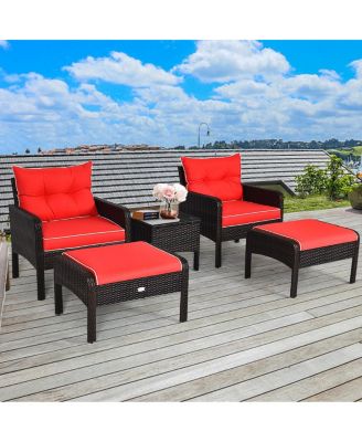5 Pieces Patio Rattan Sofa Ottoman Furniture Set with Cushions