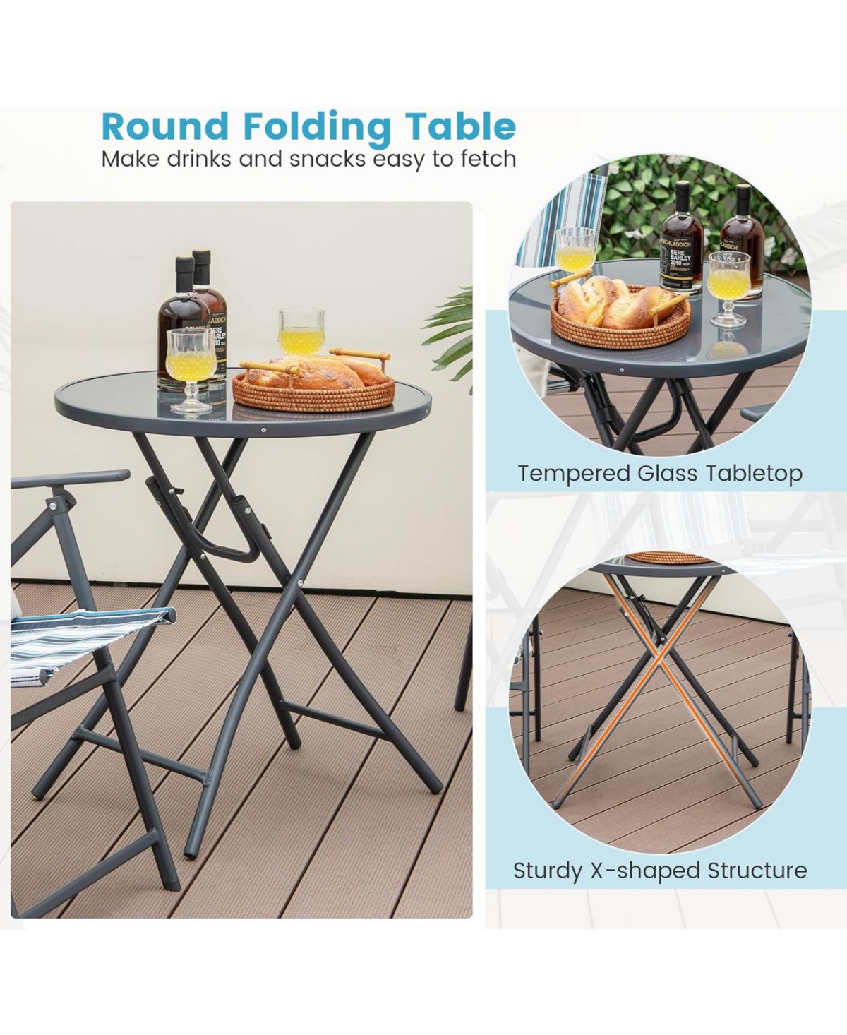Vebreda 3 Pieces Outdoor Folding Chair Set Portable Folding Chair Set