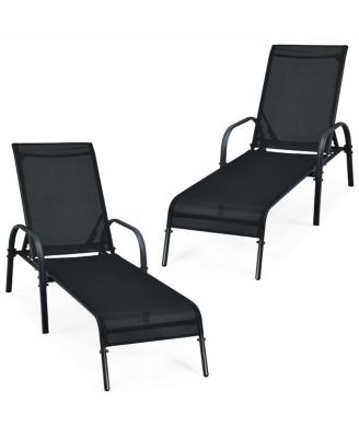 2 Pcs Outdoor Patio Lounge Chair Chaise Fabric with Adjustable Reclining Armrest