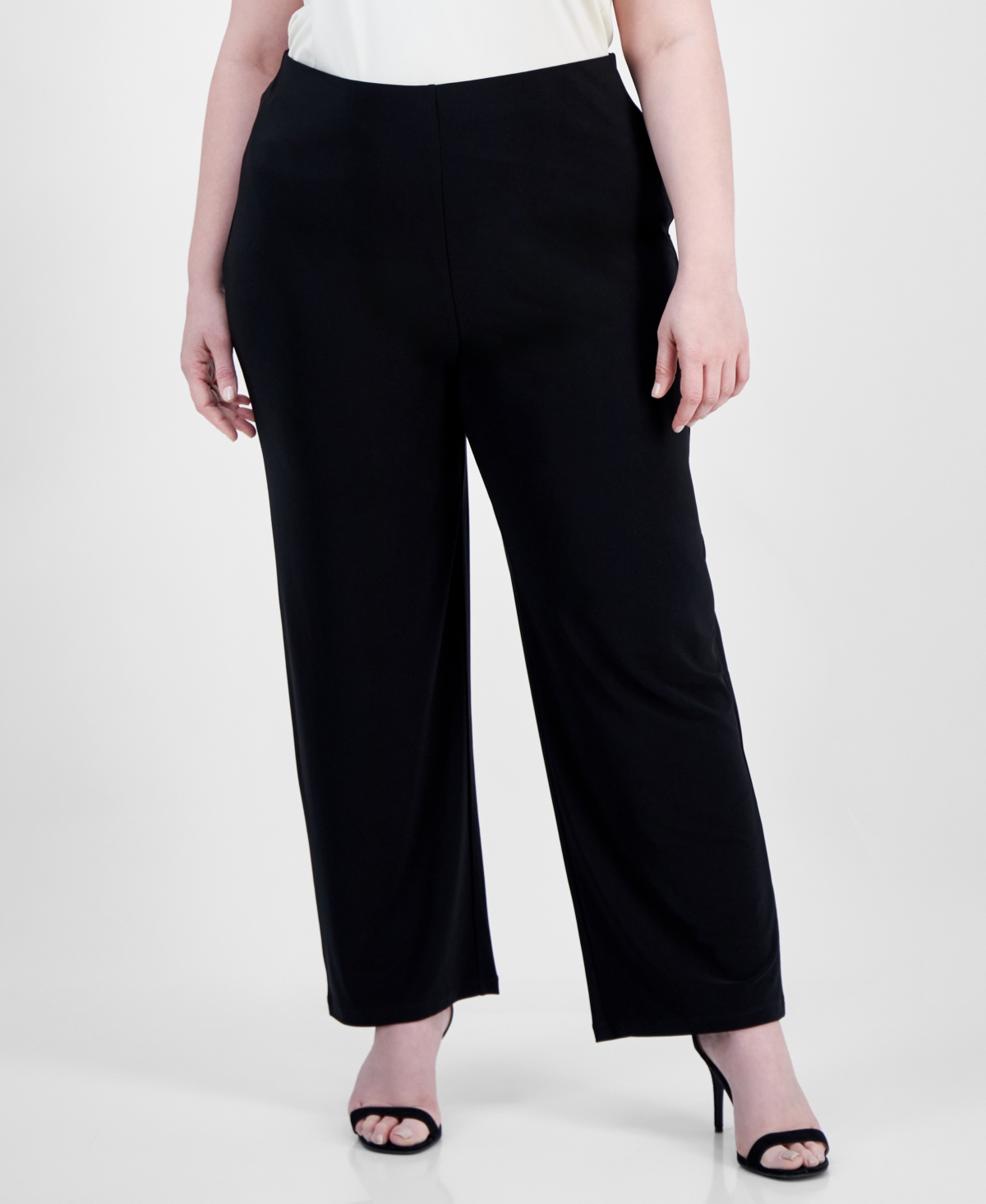 Ak Anne Klein Petite Solid Wide-leg Pull-on Knit Pants In Anne Black