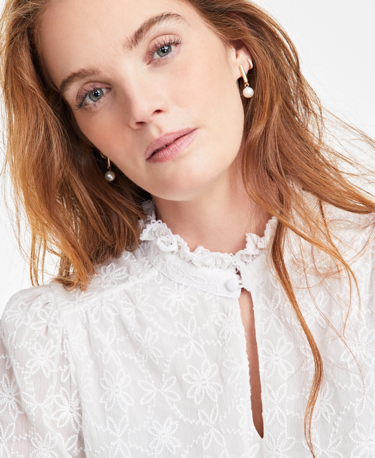 On 34th Women's Embroidered Chiffon Ruffled-neck Top, Exclusively At Macy's In Washed White