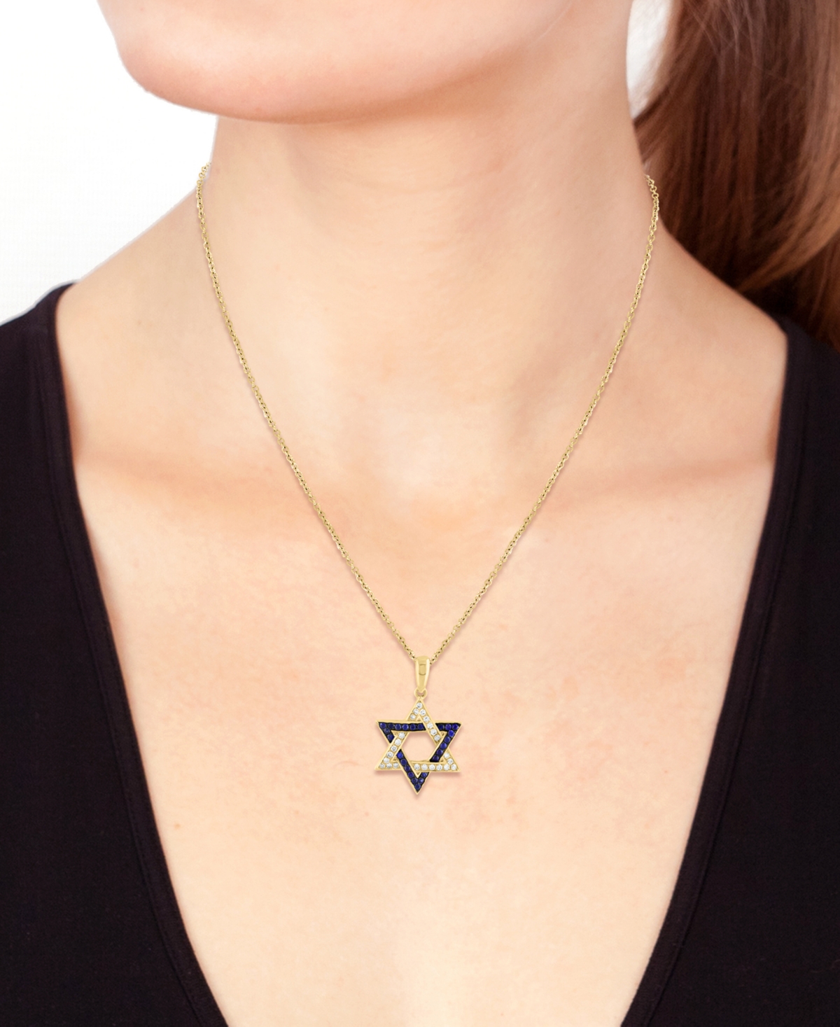 EFFY COLLECTION EFFY SAPPHIRE (1/6 CT. T.W.) & DIAMOND (1/8 CT. T.W.) STAR OF DAVID PENDANT NECKLACE IN 14K GOLD, 18 
