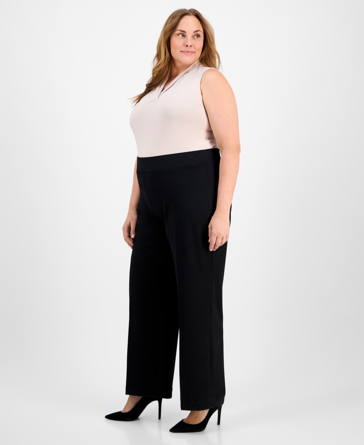 ANNE KLEIN PLUS SIZE PULL-ON WIDE-LEG CREPE PANTS 