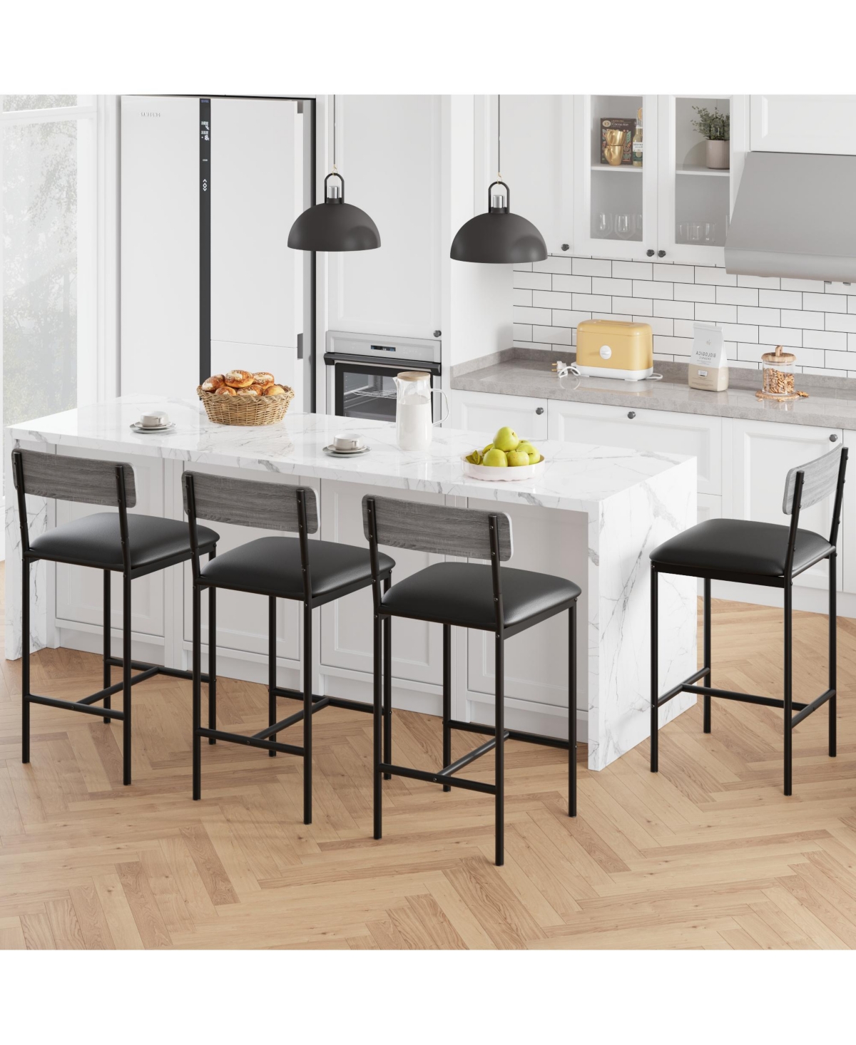 gaomon Bar Stools Set of 4, Upholstered Bar Chairs with Back, 25.5 Inches Kitchen Bar Stools with Footrest,- Grey