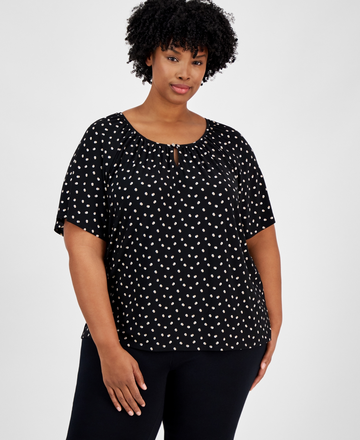 AK ANNE KLEIN PLUS SIZE PRINTED SHORT SLEEVE BLOUSE 