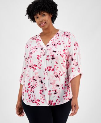 AK Anne Klein - Plus Size Printed Roll-Tab-Sleeve Tunic