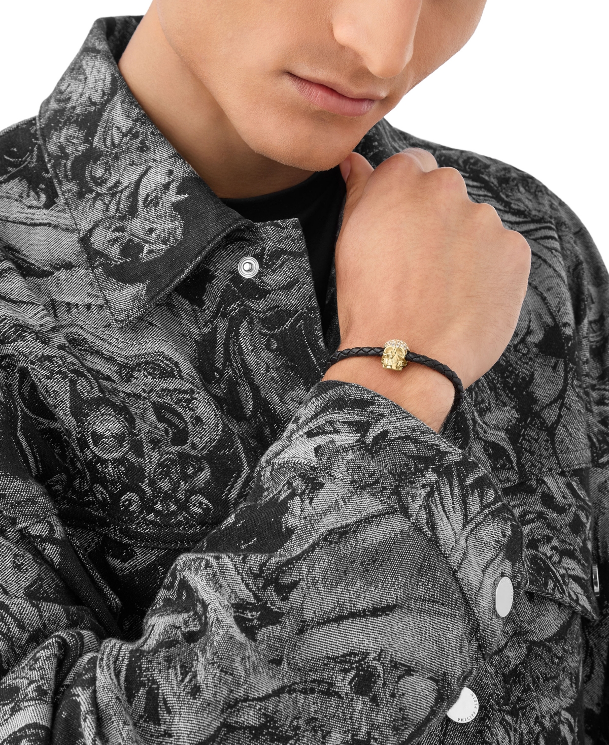 Philipp Plein Men's Enigma Crystal Skull Black Leather Bracelet In Gold Ion-plated Stainless Steel In Gold