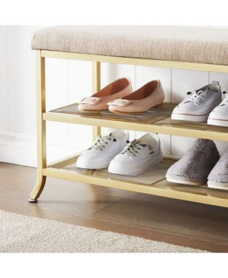 Shoe Storage Bench with Padded Seat, Shoe Rack Bench for Entryway, Shoe Storage Shelf with Metal Frame, 2-Tier Shoe Organizer Shelf for Hallway Bedroom Living Room Dorm Department, Gold