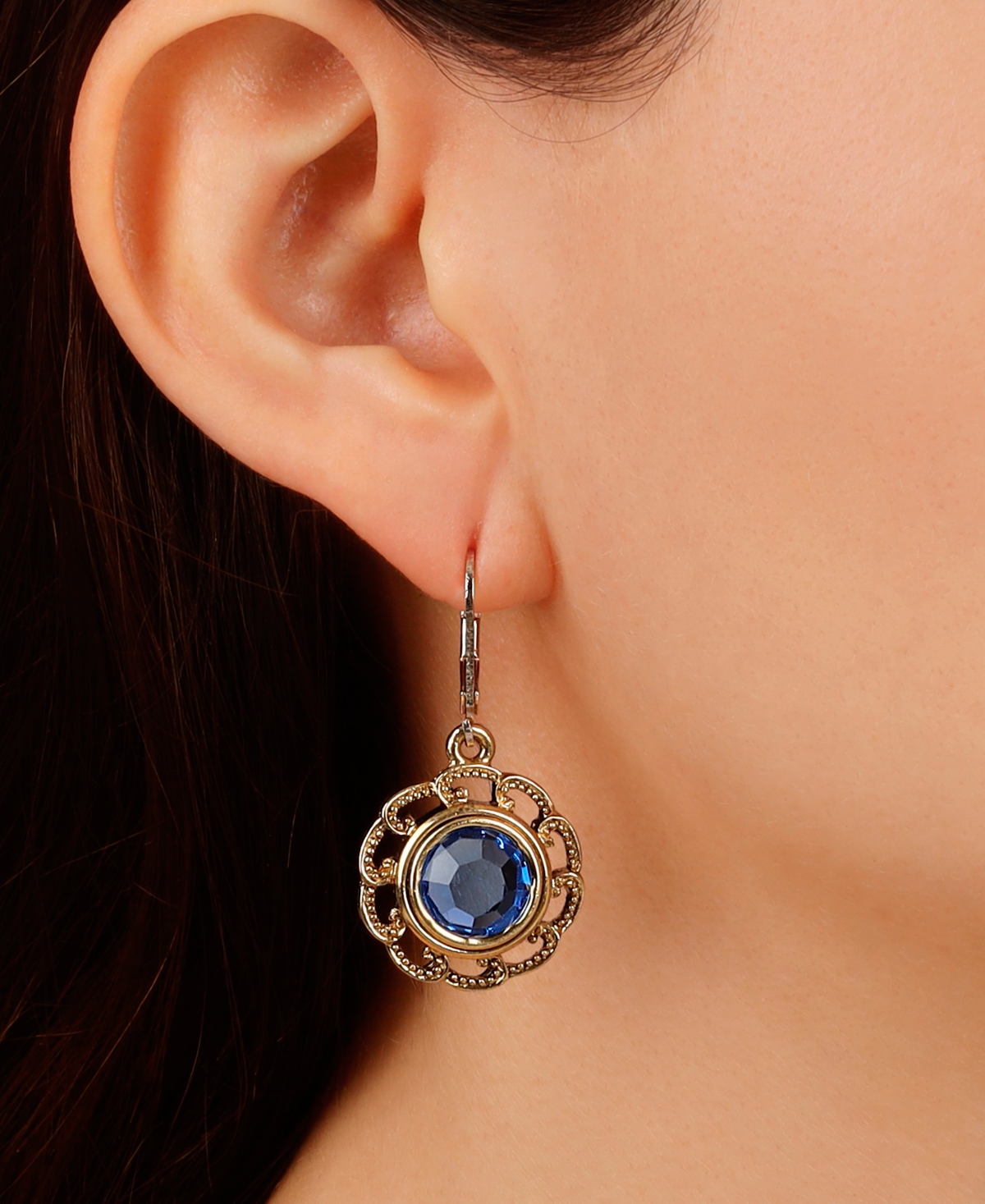 2028 Round Crystal Filigree Drop Earrings In Blue