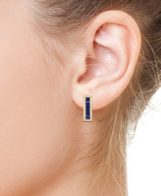 EFFY&reg; Blue Sapphire (1-5/8 ct. t.w.) & Diamond (1/6 ct. t.w.) Small Hoop Earrings in 14k Yellow Gold, 0.62" 