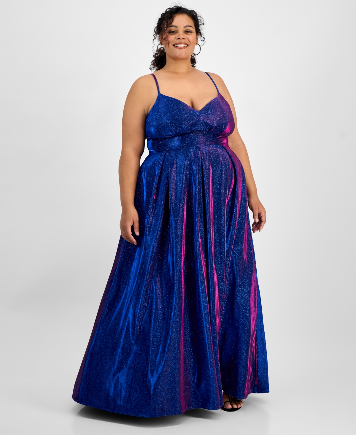 B Darlin Trendy Plus Size V-neck Sleeveless Glitter Ball Gown In Brightblue
