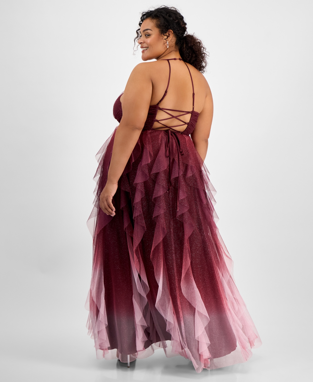 Pear Culture Trendy Plus Size Glitter Mesh Ball Gown In Burg,pink