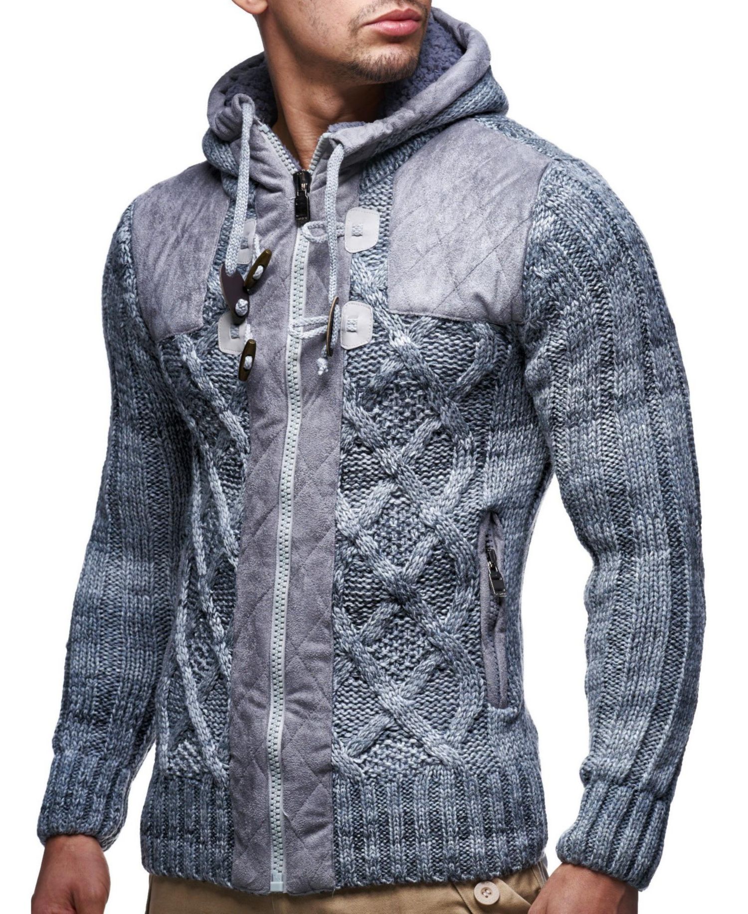 Men's Knit Zip-up Jacket With Geometric Patterns and Leather Accents
