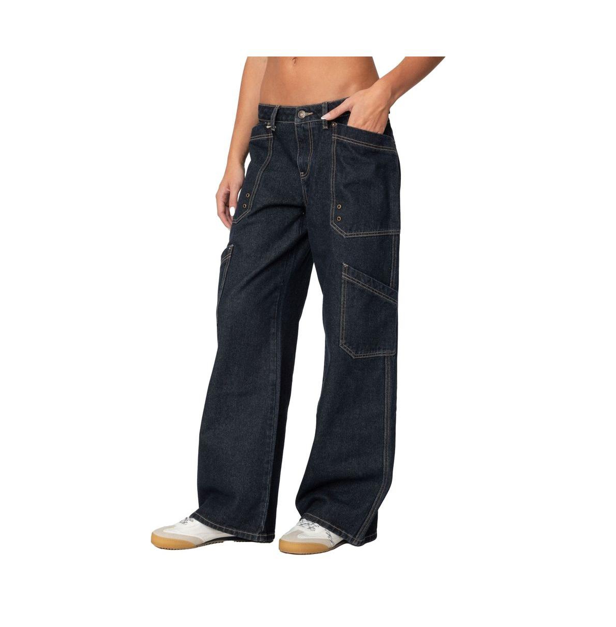 Edikted Women's Xana Low Rise Carpenter Jeans - Indigo-blue-raw-washed