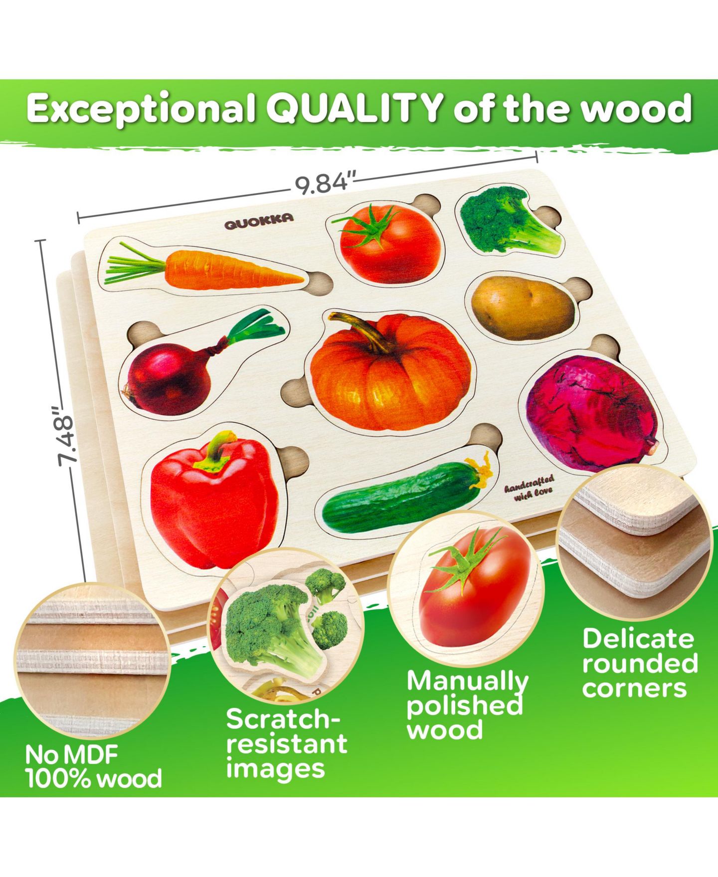 Детские игрушки Quokka Montessori Toy Wooden Puzzles, 3-Piece Set, Ages 1+, цвет: Fruits, Cars And Vegetables — фото 3