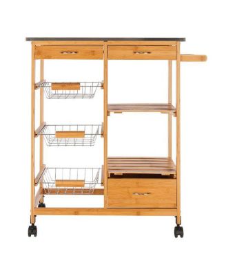 Moveable Kitchen Cart with Stainless Steel Table Top, Three Drawers, and Three Baskets in Burlywood for Versatile Storage and Convenience