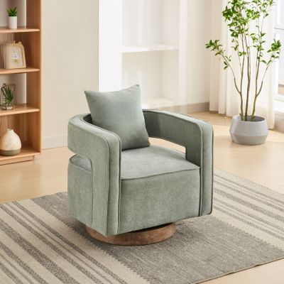 Streamdale 1 Pc. Pale Green Linen Blend Upholstered Foam Cushioned Weathered Wood Base 360° Swivel Accent Chair