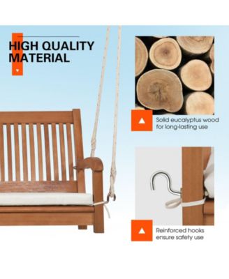 2-Person Hanging Porch Swing Wood Bench with Cushion Curved Back