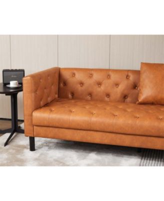 3 Seater Sofa with Tufted Back, Grain Leather Couch with Feather, Vintage Faux Leather