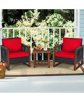 3 Pieces Acacia Wood Patio Furniture Set with Coffee Table-Red