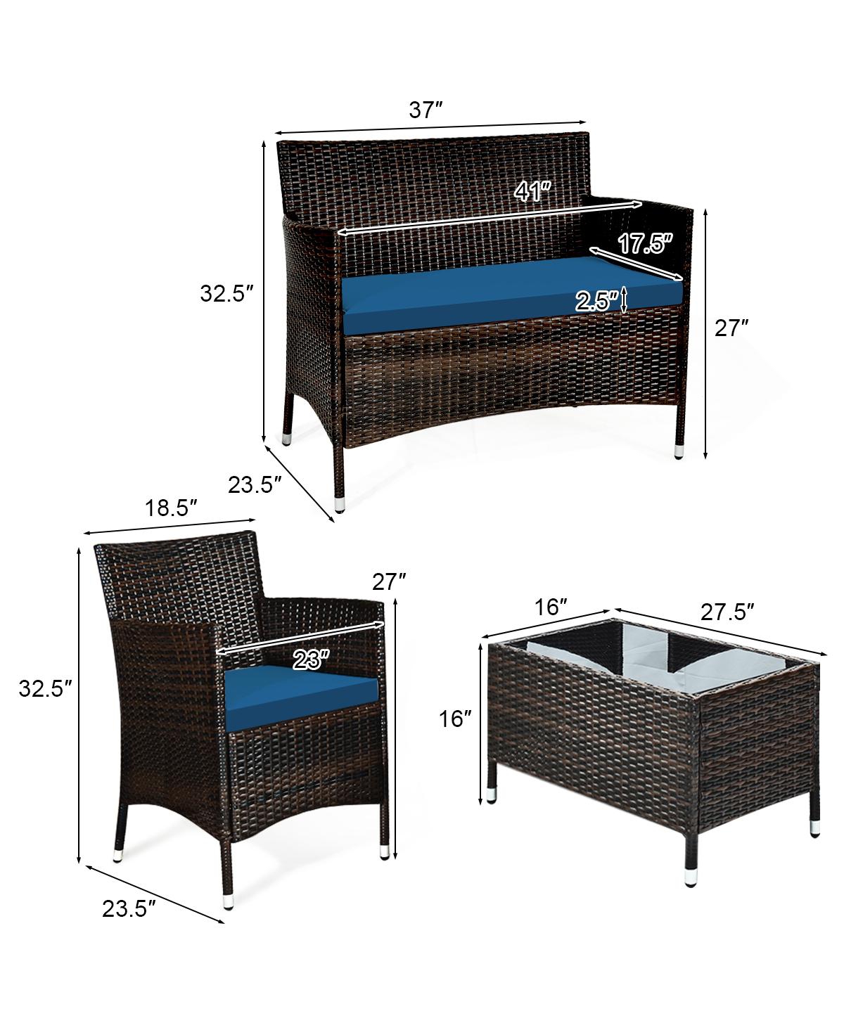 Sugift 4 Pieces Comfortable Outdoor Rattan Sofa Set with Glass Coffee Table-Peacock- Blue