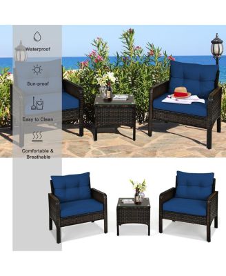 3 Pieces Outdoor Patio Rattan Conversation Set with Seat Cushions-Navy