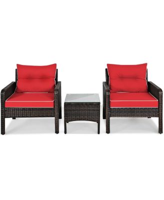 3 Pcs Outdoor Patio Rattan Conversation Set with Seat Cushions-Red