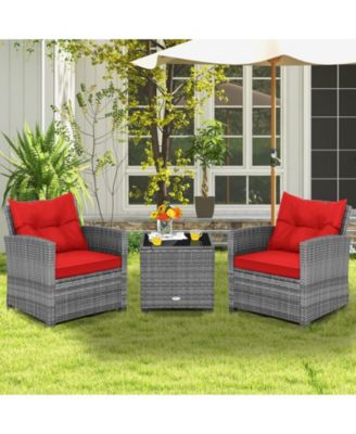 3 Pieces Outdoor Wicker Conversation Set with Tempered Glass Tabletop-Red